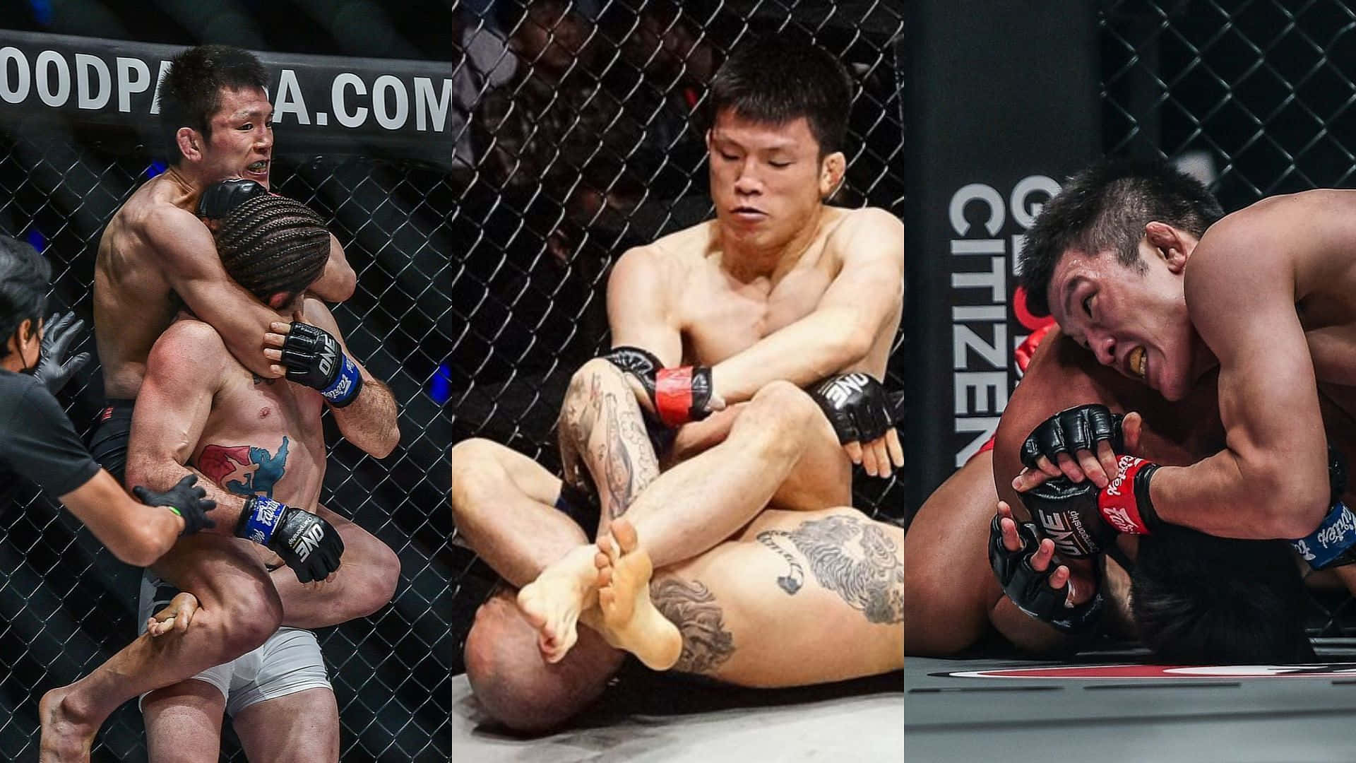 三名MMA拳手在八角籠內進行激烈的纏鬥和降服技。