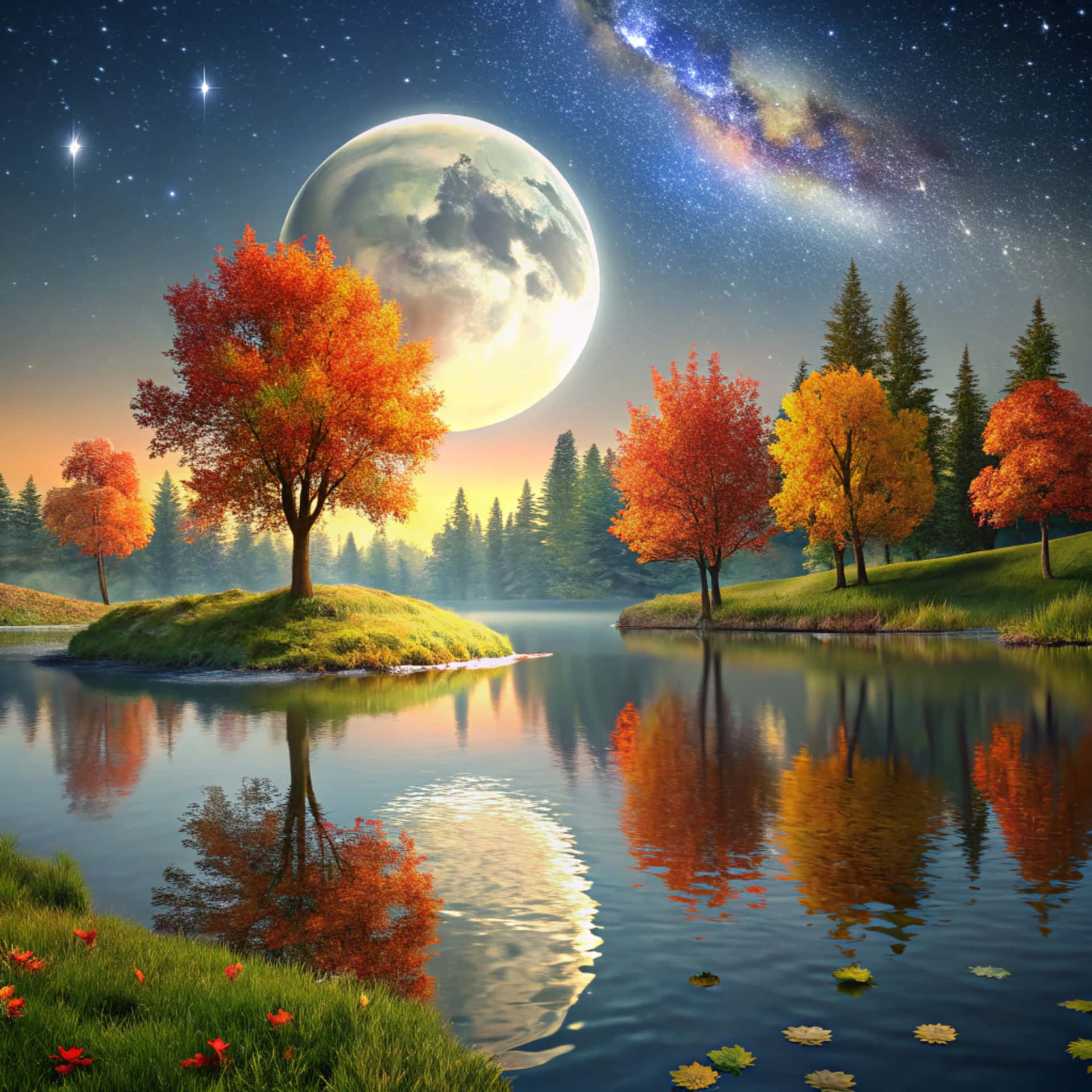 一個平靜的湖泊在星空下反射出巨大的月亮和色彩繽紛的秋天樹木，伴隨著可見的銀河。