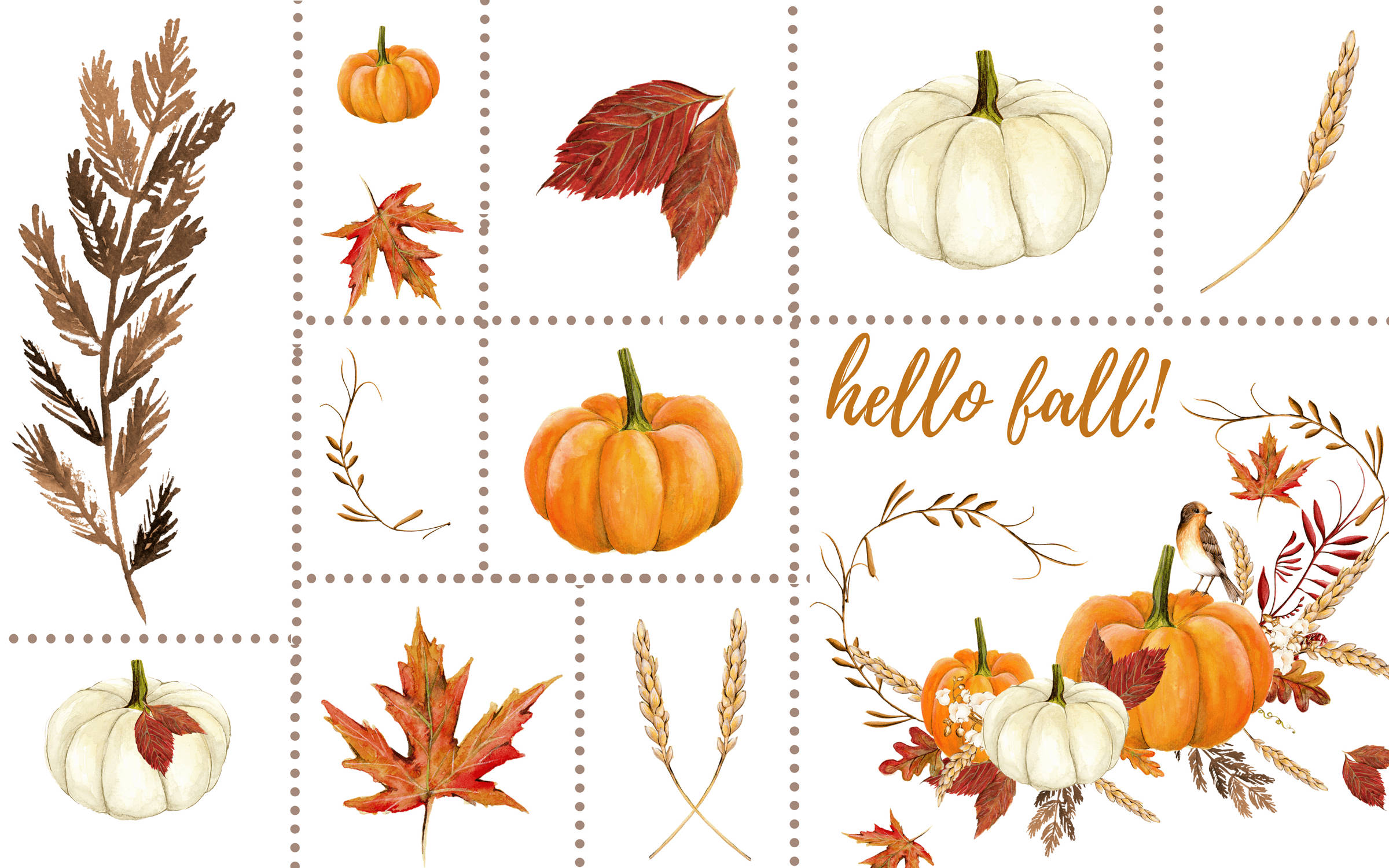 秋季風格「Hello Fall」拼貼畫 壁紙 — 水彩秋季拼貼畫，包含南瓜、楓葉、麥穗和一隻鳥，並帶有「hello fall!」文字。