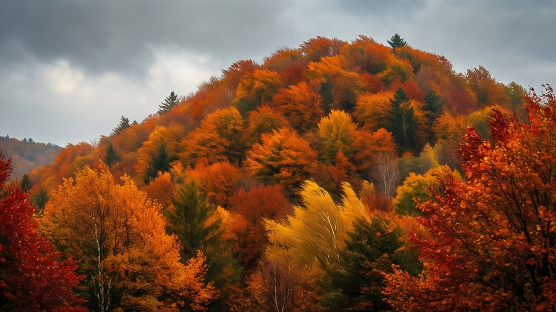 山坡上覆蓋著秋天的樹木，樹葉呈橙色、紅色和黃色，天空灰雲密佈