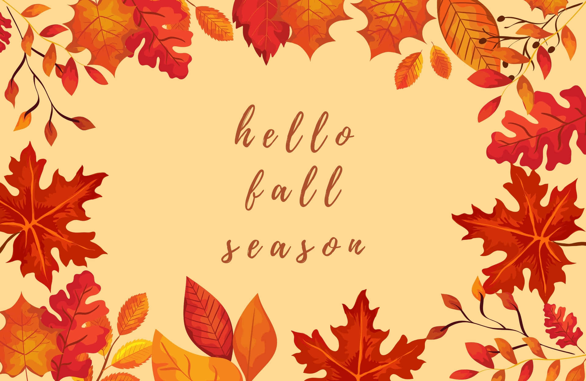 秋葉（紅、橙、黃）環繞著米色背景，並帶有 hello fall season 文字。