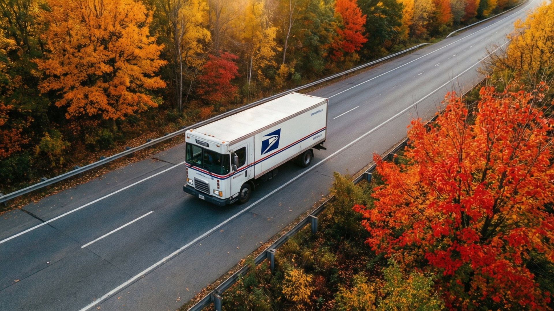 USPS郵政卡車在秋日道路上，周圍是色彩繽紛的樹葉