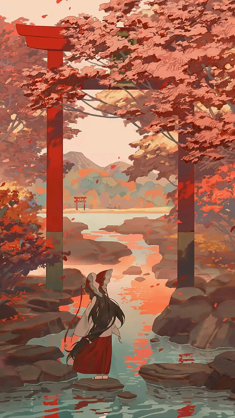 秋日動漫少女與鳥居門 壁紙 — 一個穿著傳統服飾的孤獨身影站在鮮紅色的鳥居下，四周被秋天的楓樹環繞，凝視著一條通往遠山的寧靜河流。