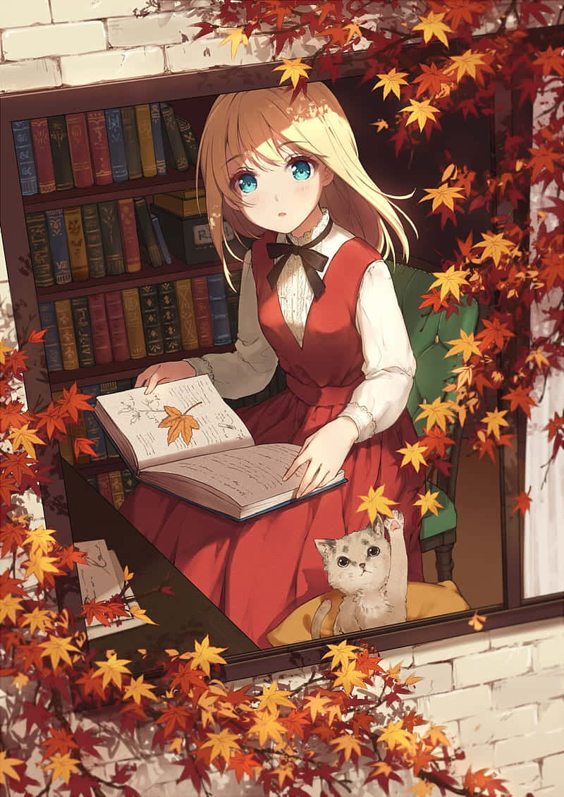 動漫女孩在窗邊看書，被秋天楓葉和貓圍繞。 — 動漫貓 GIF 壁紙