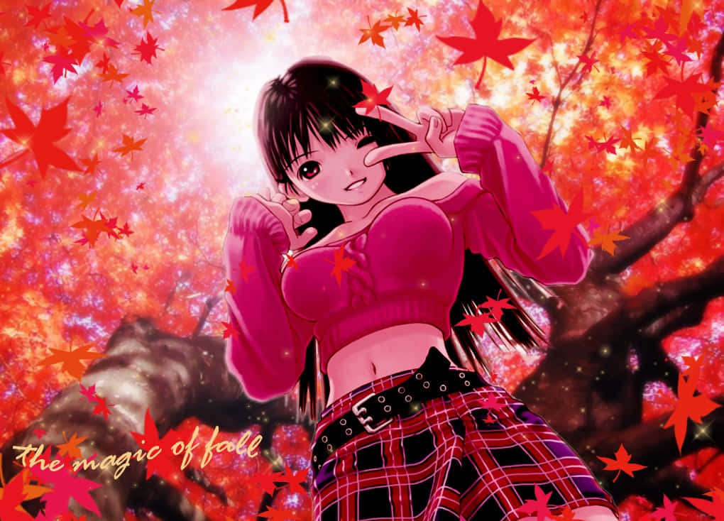秋日動畫的魔法 壁紙 — 一個穿著粉紅色毛衣和格子裙的開朗動漫女孩，在發光的天空下，在飄落的紅楓葉中擺出和平手勢。