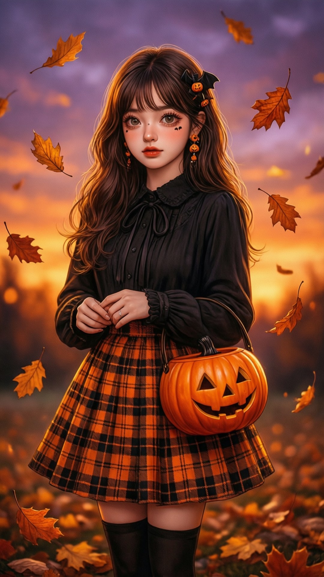 動漫女孩穿著萬聖節服裝，在日落時分拿著南瓜袋，周圍是飄落的秋葉。