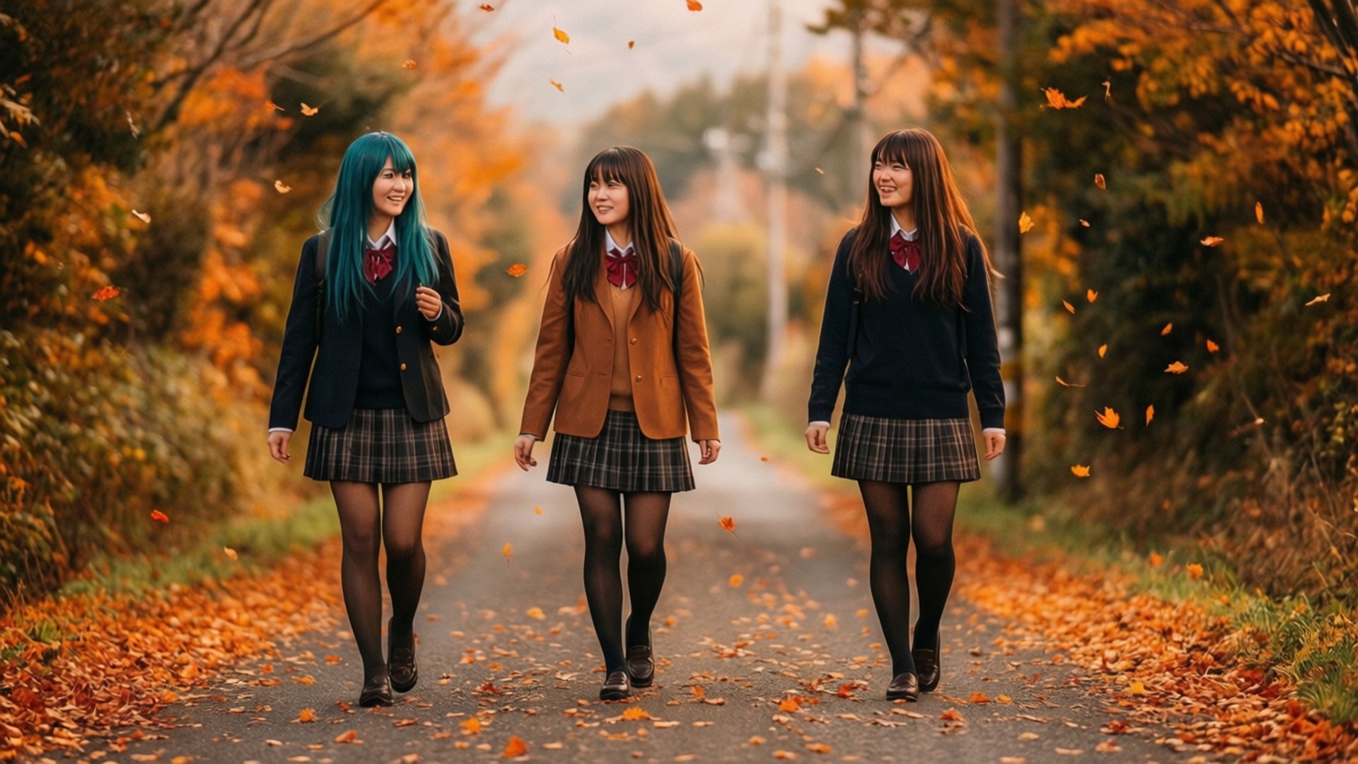 三名動漫風格的女學生穿著校服，在飄落的秋葉中行走。