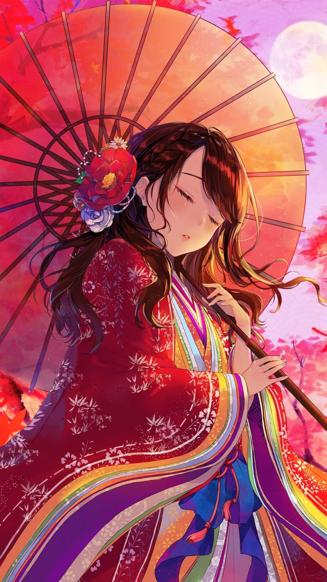 秋日可愛動漫少女穿和服 壁紙 — 一個寧靜的動漫女孩穿著紅色和服，在盛開的粉紅櫻花中，於發光的滿月下拿著相配的陽傘。