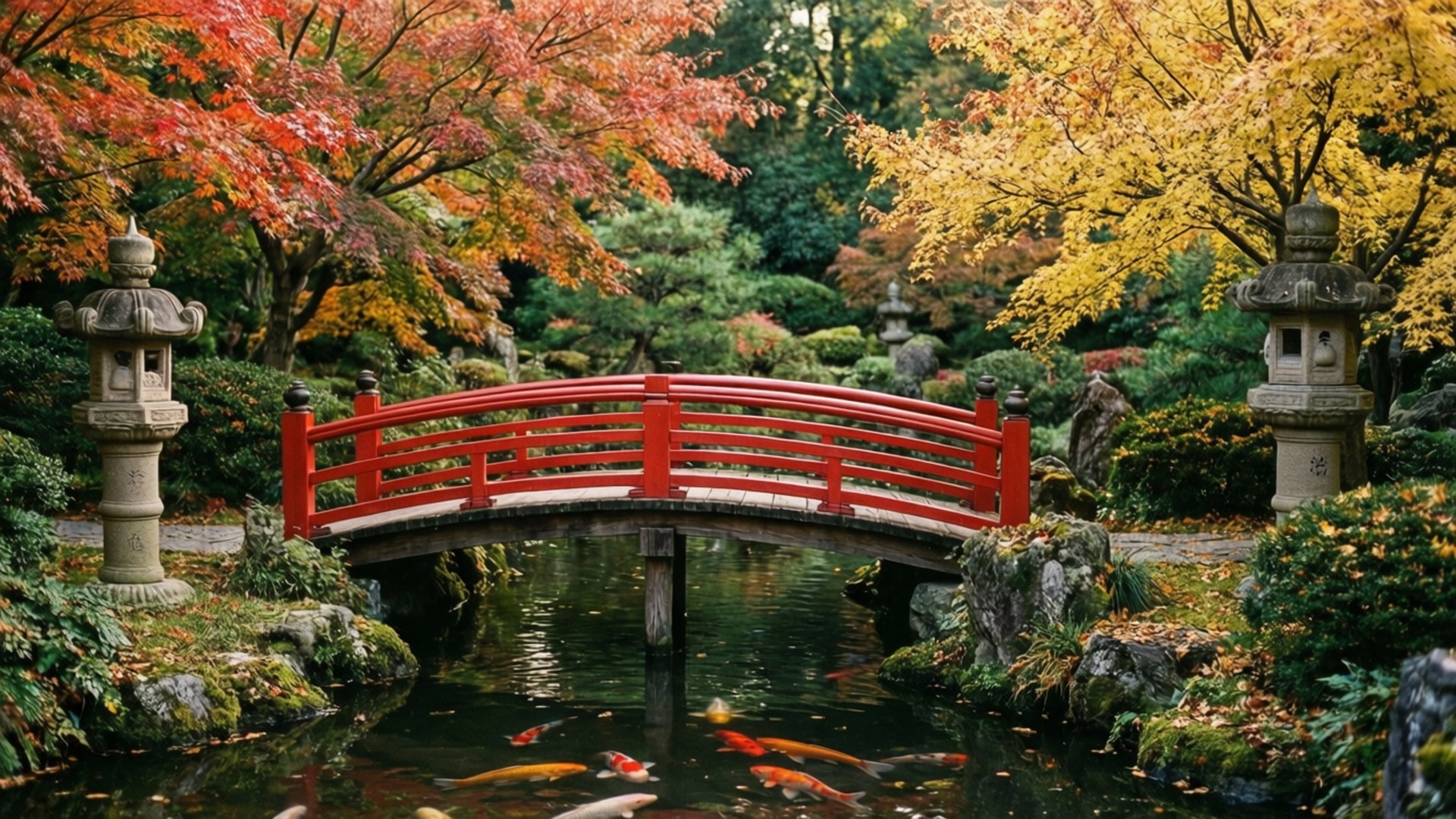 秋日園林橋 壁紙 — 一座鮮紅色的拱橋橫跨在寧靜的日本花園中的錦鯉池上，周圍環繞著秋葉。