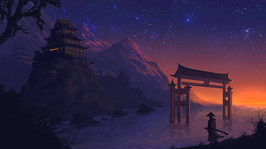 秋日夕陽下的鄉間小路 壁紙 — 黃昏時分，一名孤獨的武士站在發光的鳥居前，星空照亮了山城。