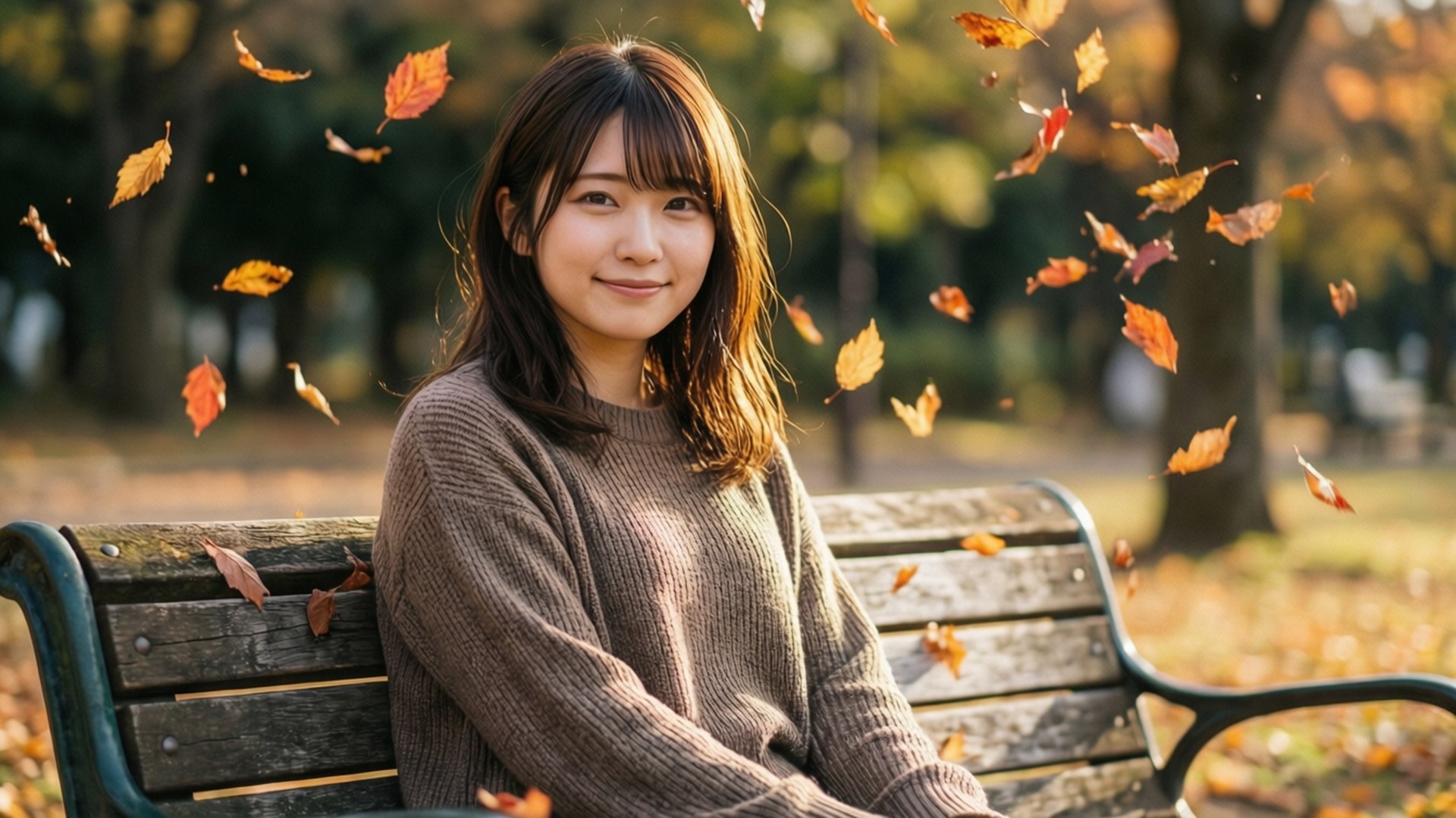 年輕女性在公園長椅上微笑，周圍飄落著秋葉。