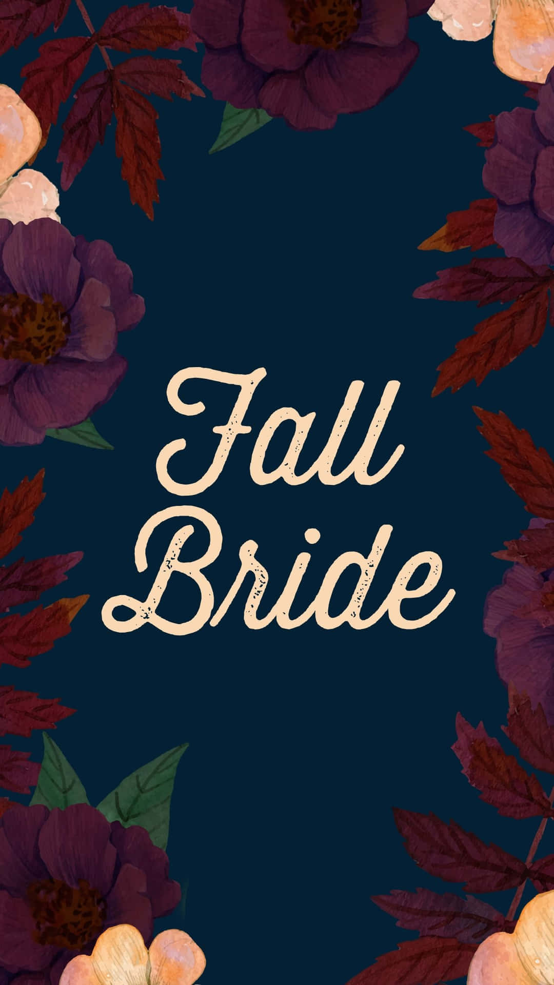 深藍色背景上，秋日花朵和樹葉環繞的Fall Bride文字