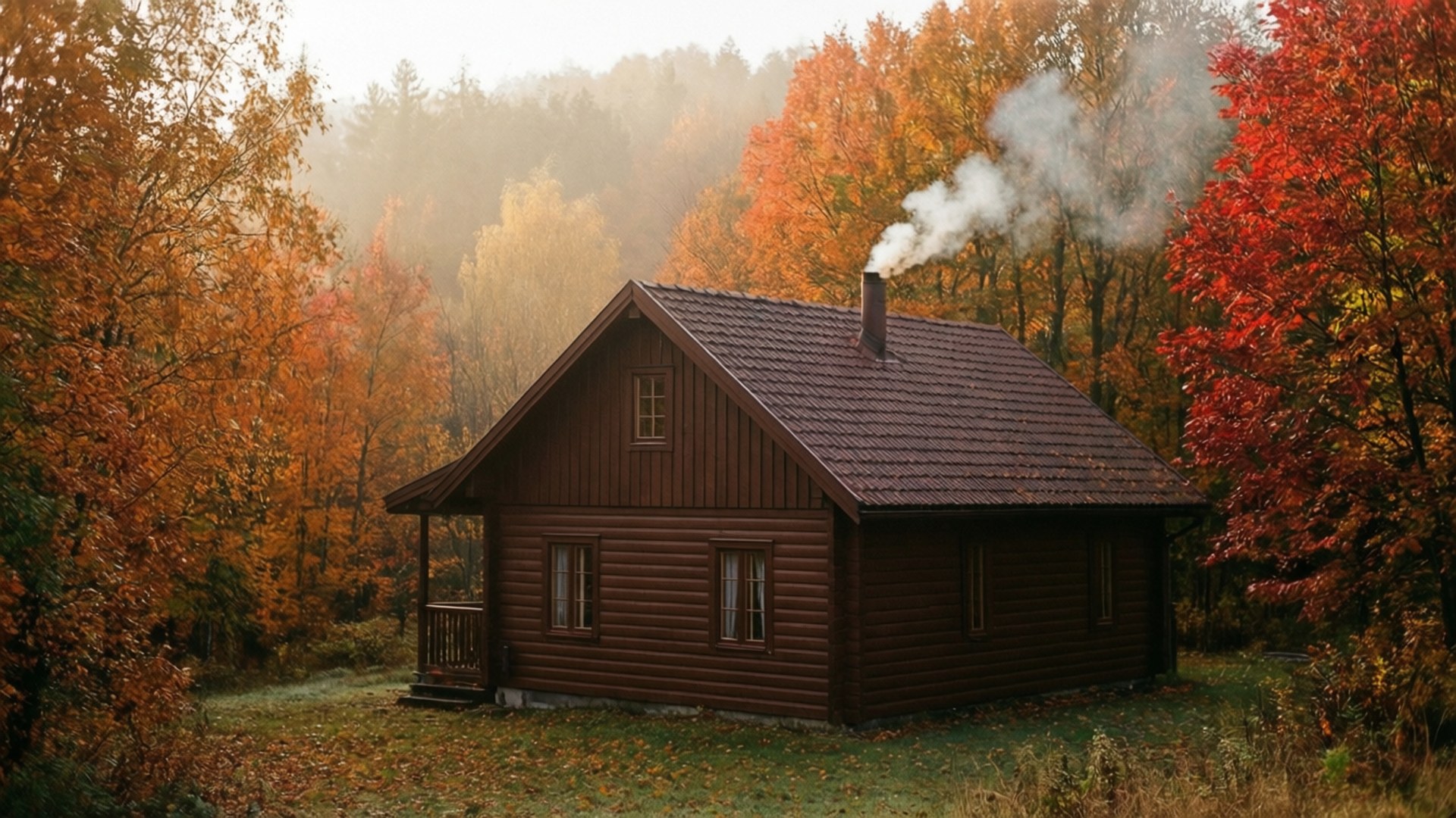 秋日森林中煙囪冒煙的舒適小屋