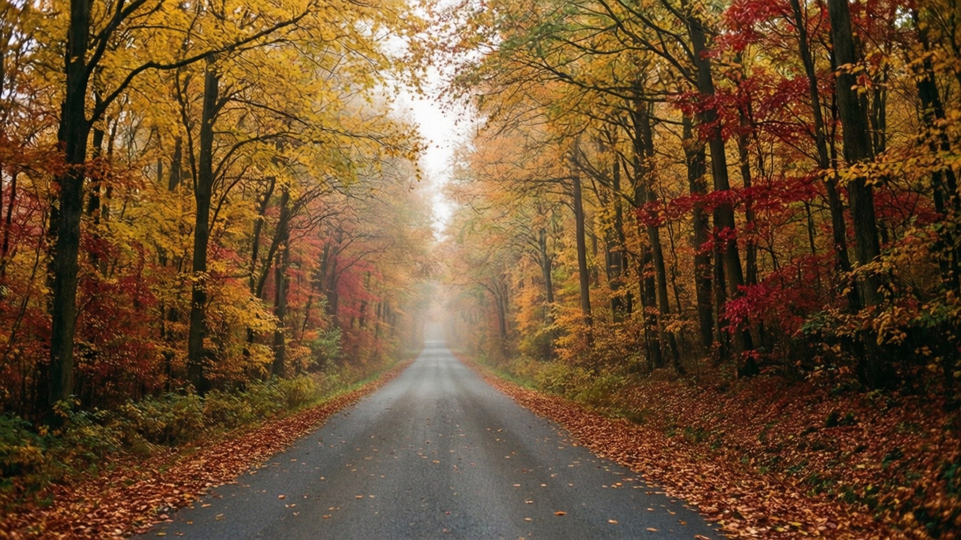 一條霧濛濛的道路，兩旁是展現鮮豔黃色、紅色和橙色樹葉的秋樹