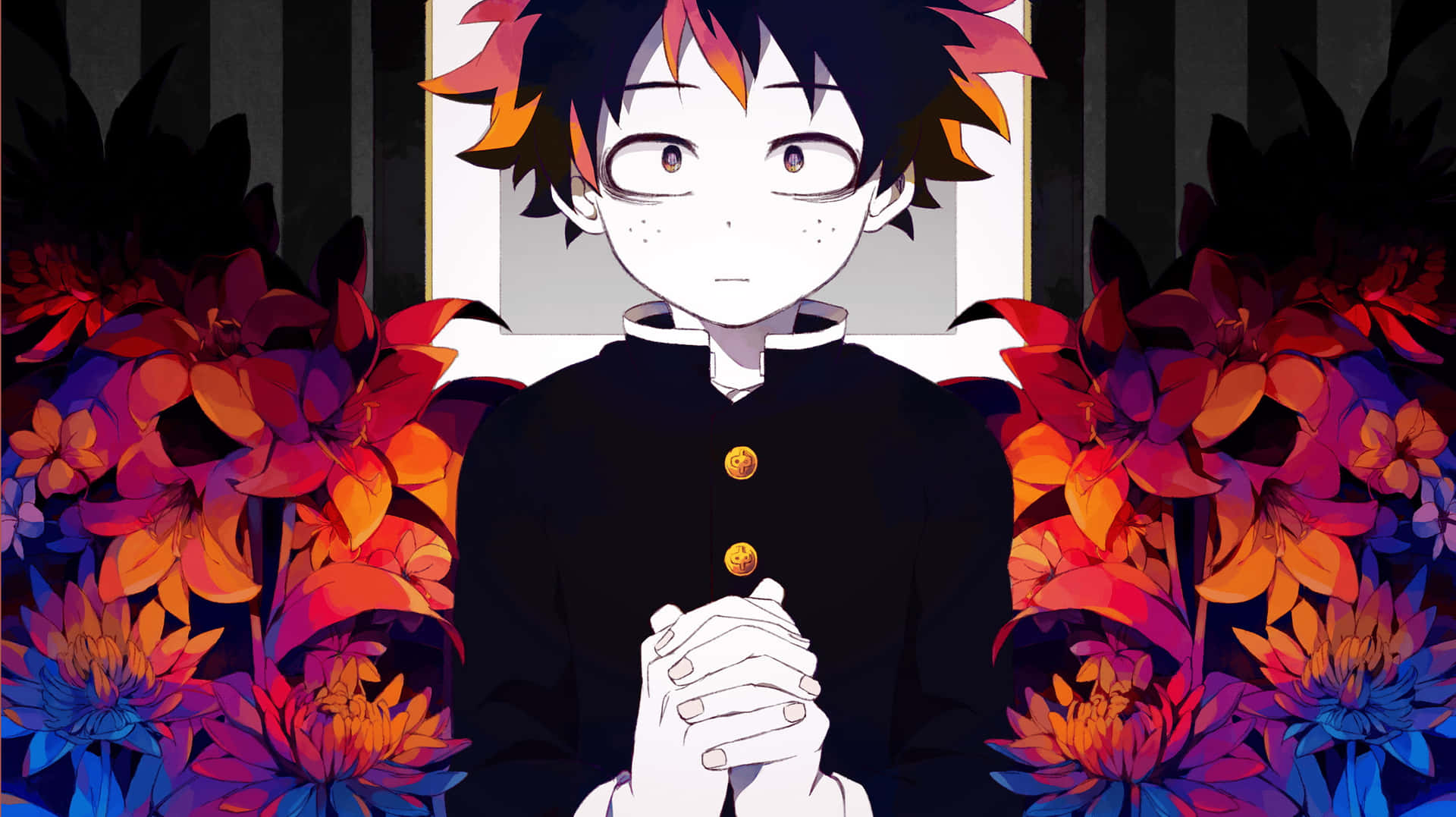 秋日森林中神情煩躁的 Deku 壁紙 — 動漫男孩，黑色和橙色尖刺頭髮，在深色條紋背景襯托下，被鮮豔的紅橙色和藍色花朵環繞。