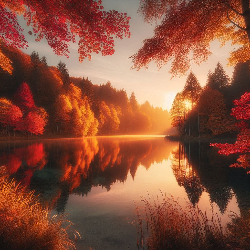 秋日森林倒影 壁紙 — 寧靜的秋日湖泊映照著火紅和橙色的樹木，金色的晨光穿過霧氣瀰漫的森林。