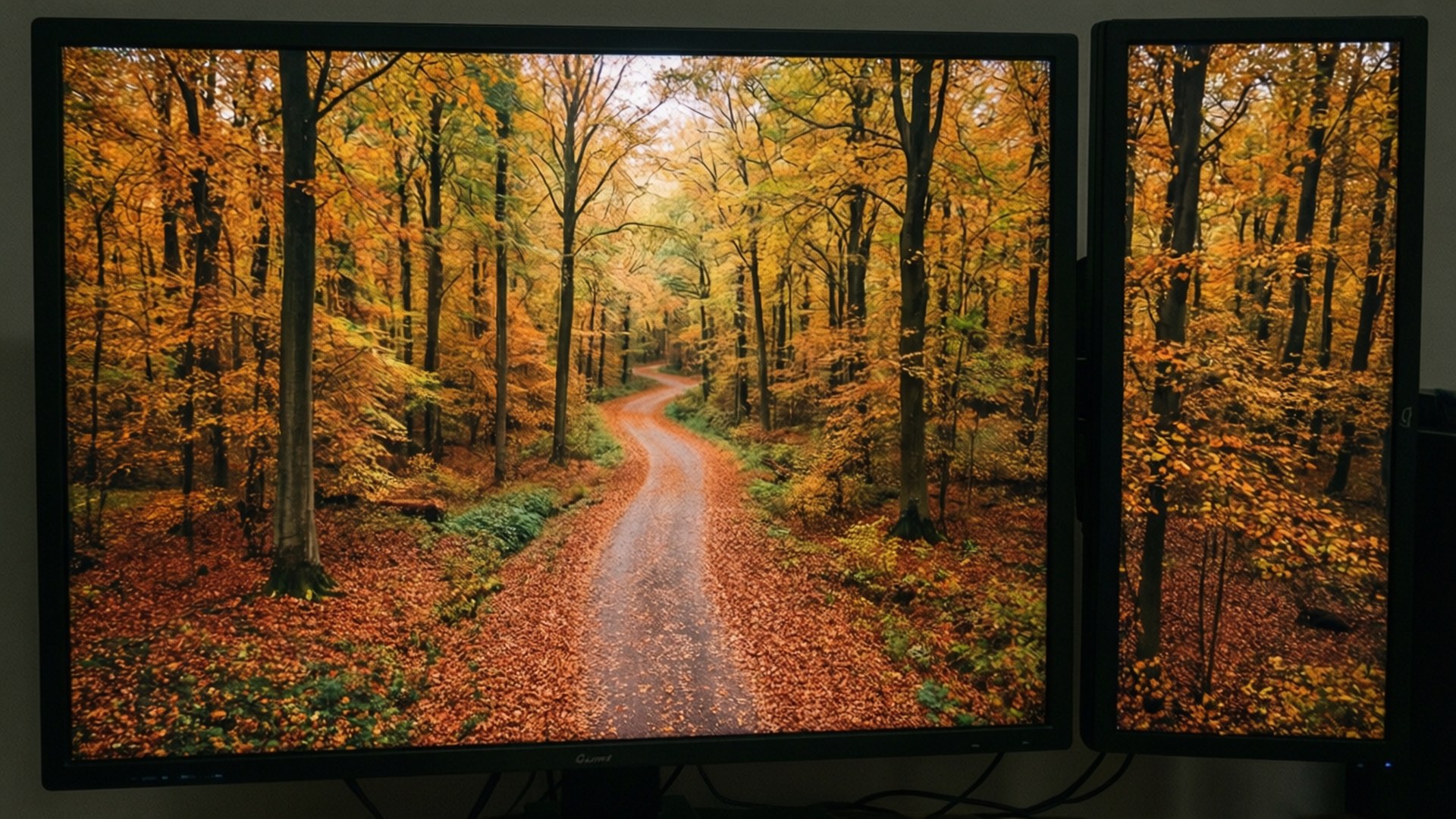 兩個顯示器展示一條風景如畫的秋日森林小徑，覆蓋著落葉。