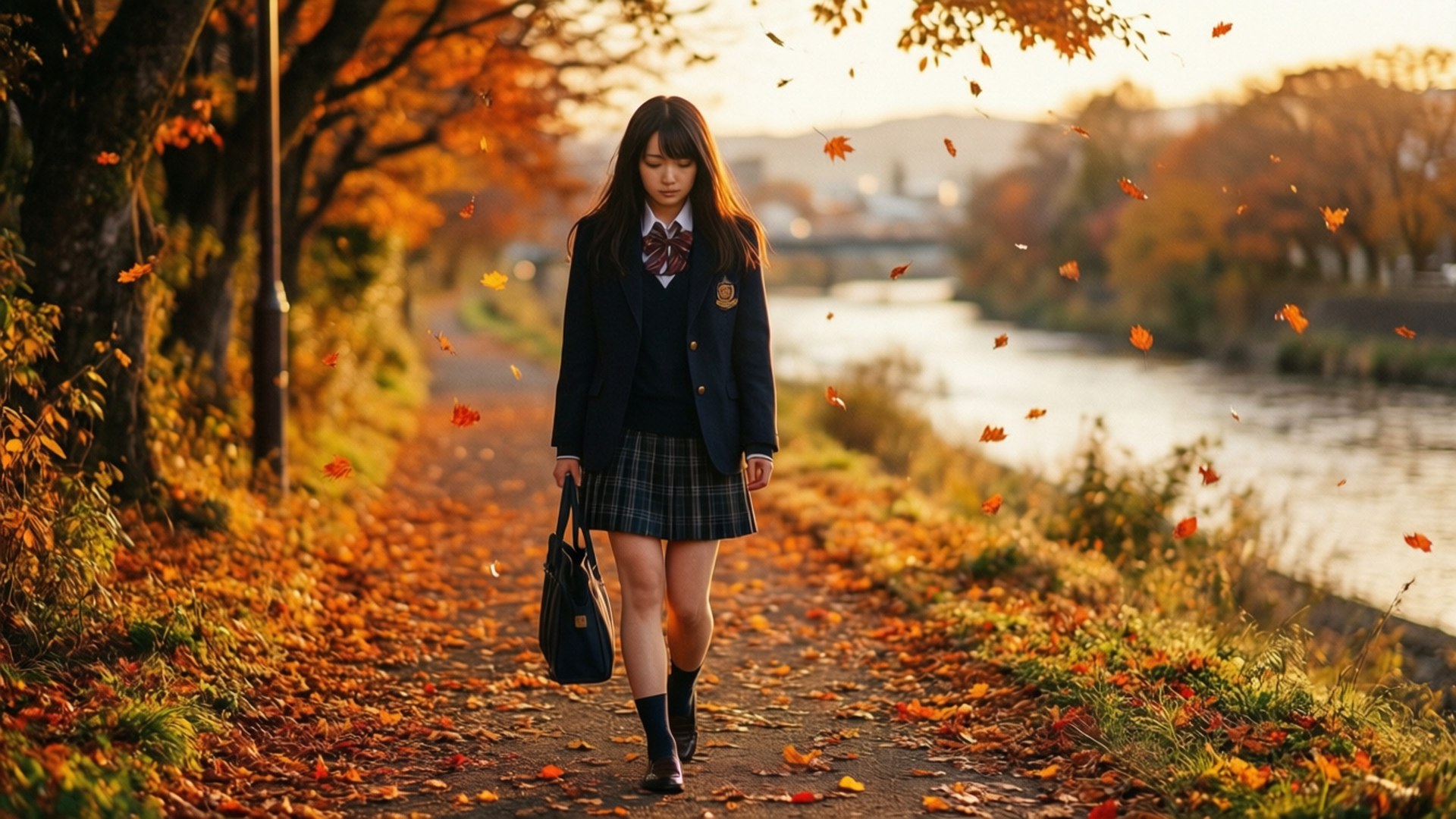 一名穿著校服的女生在日落時沿著河邊鋪滿秋葉的小徑行走。