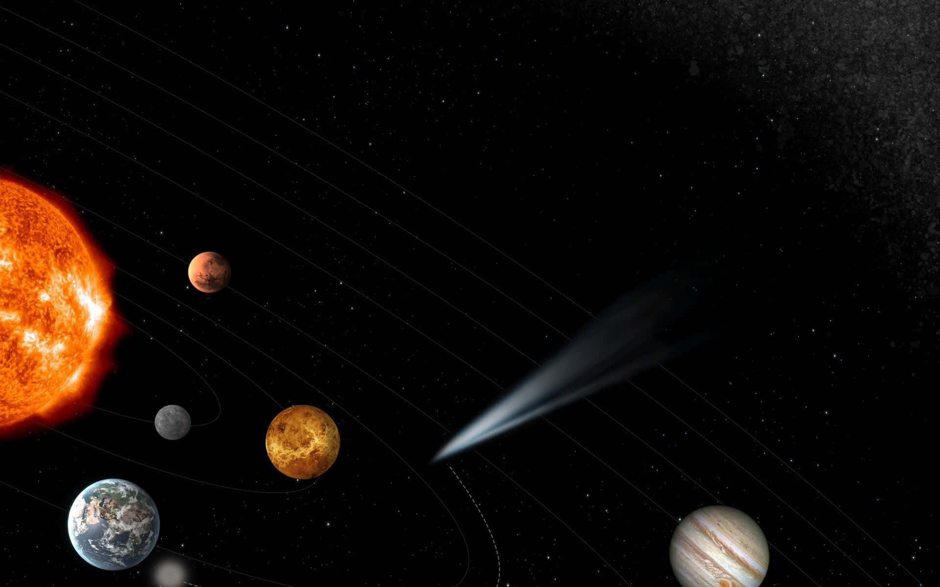 秋日河谷風景 壁紙 — 一個充滿活力的太陽系，行星圍繞熾熱的太陽運行，彗星劃過繁星點點的虛空。