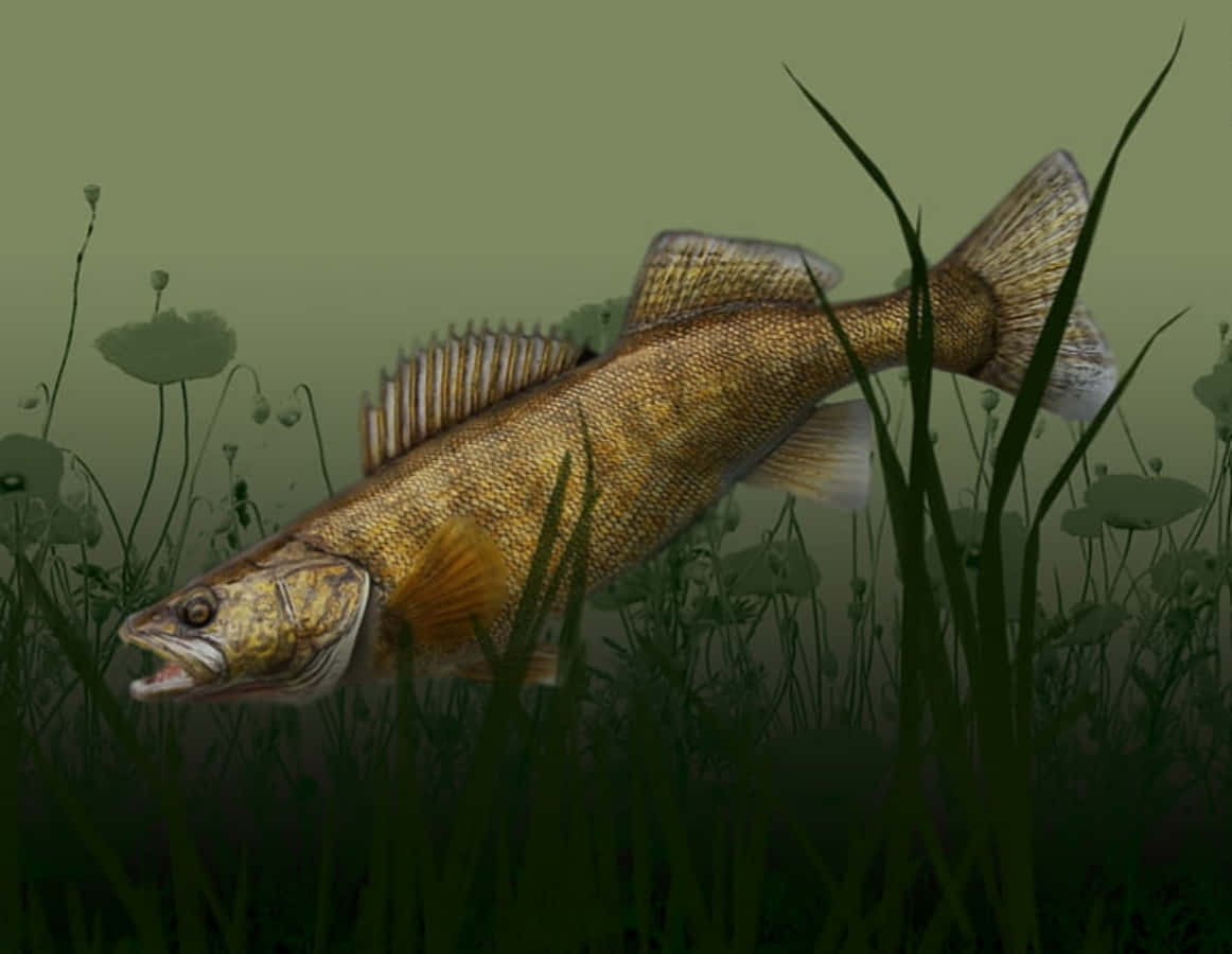 秋日湖中鯰魚的畫面 壁紙 — 一幅詳細插圖，描繪一條金色魚在渾濁的綠色水中穿過高草和睡蓮葉。