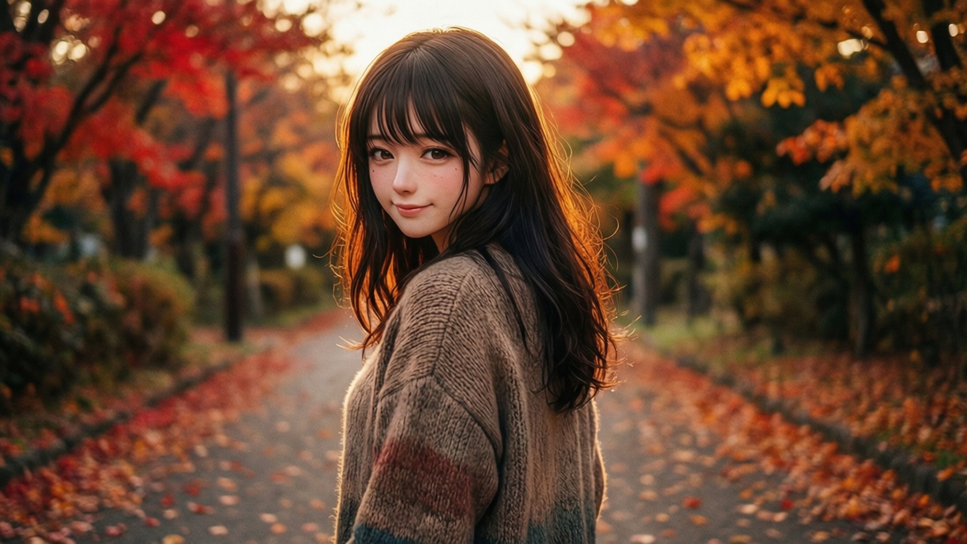 穿毛衣的年輕女子在夕陽下走過秋葉