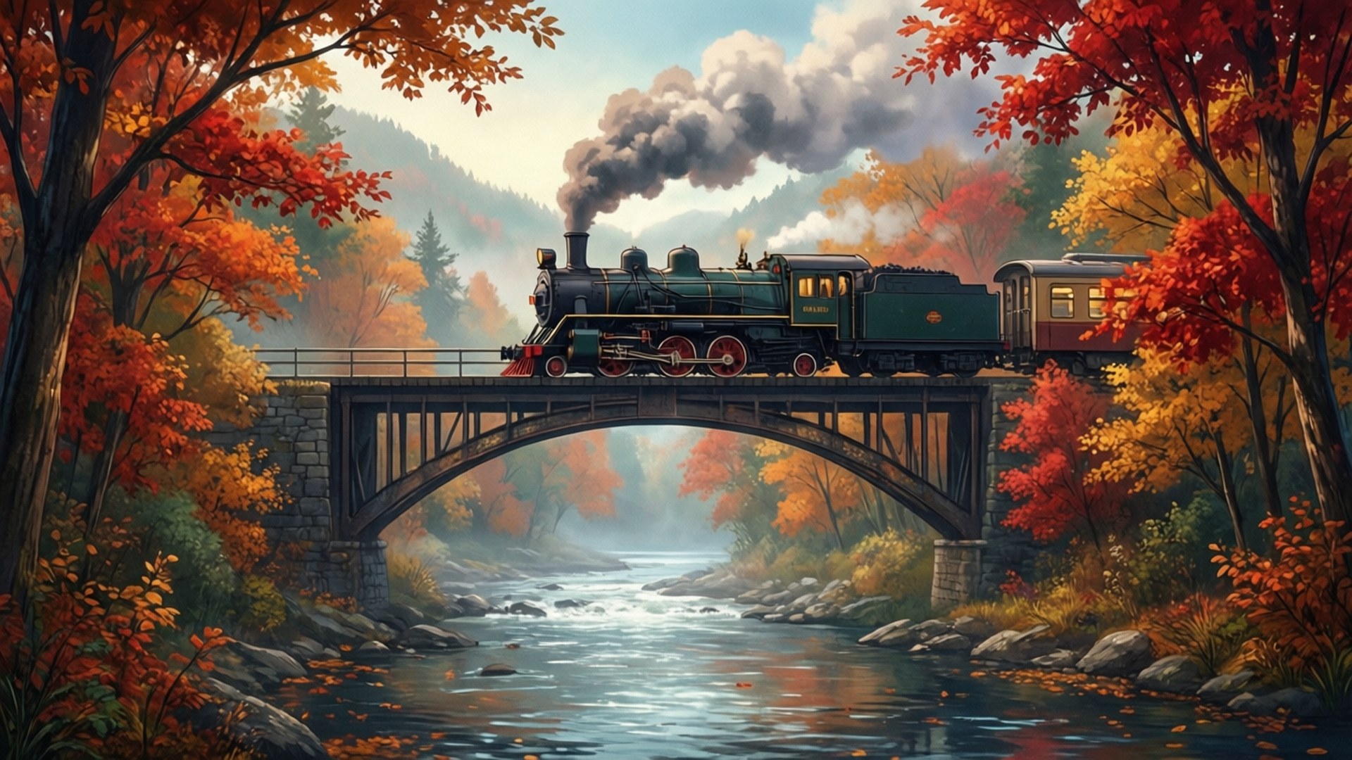 一列蒸汽火車穿過秋葉中的石橋，橋下是河流。