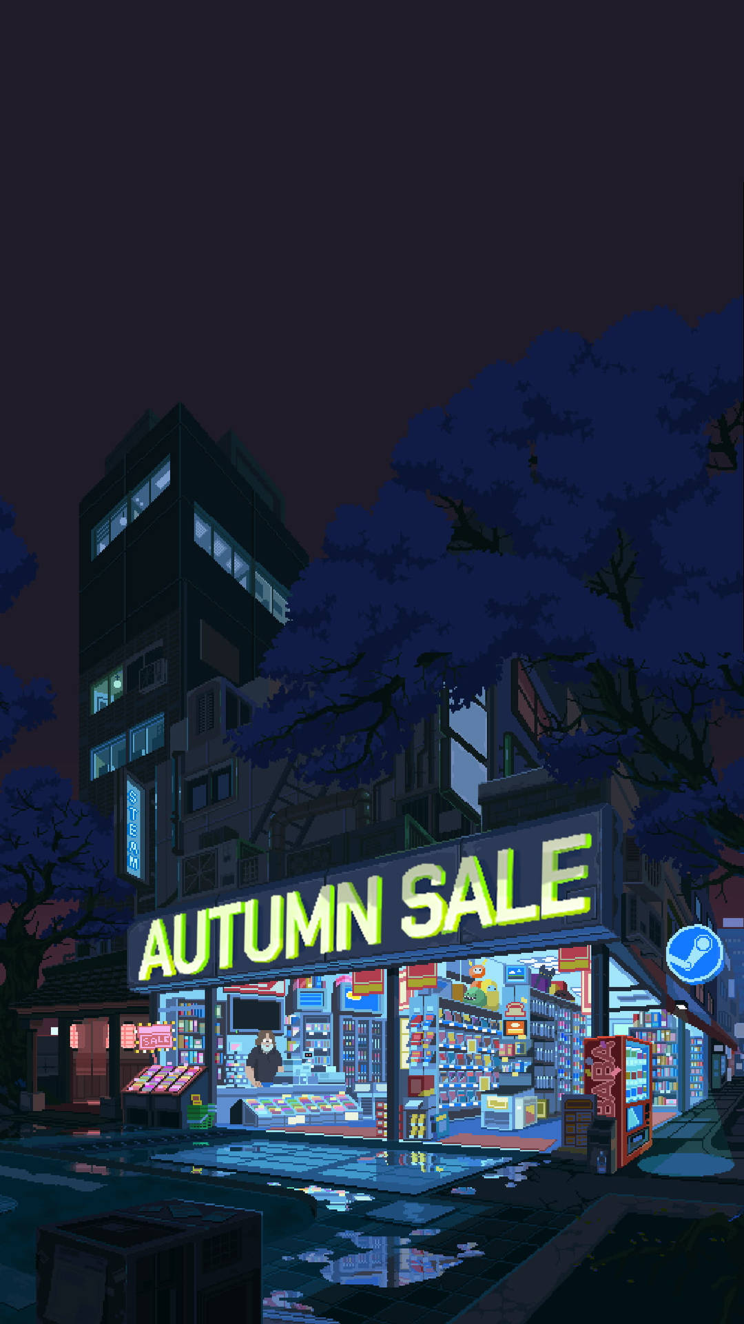 霓虹商店，秋季促銷標誌在雨夜城市中閃耀。