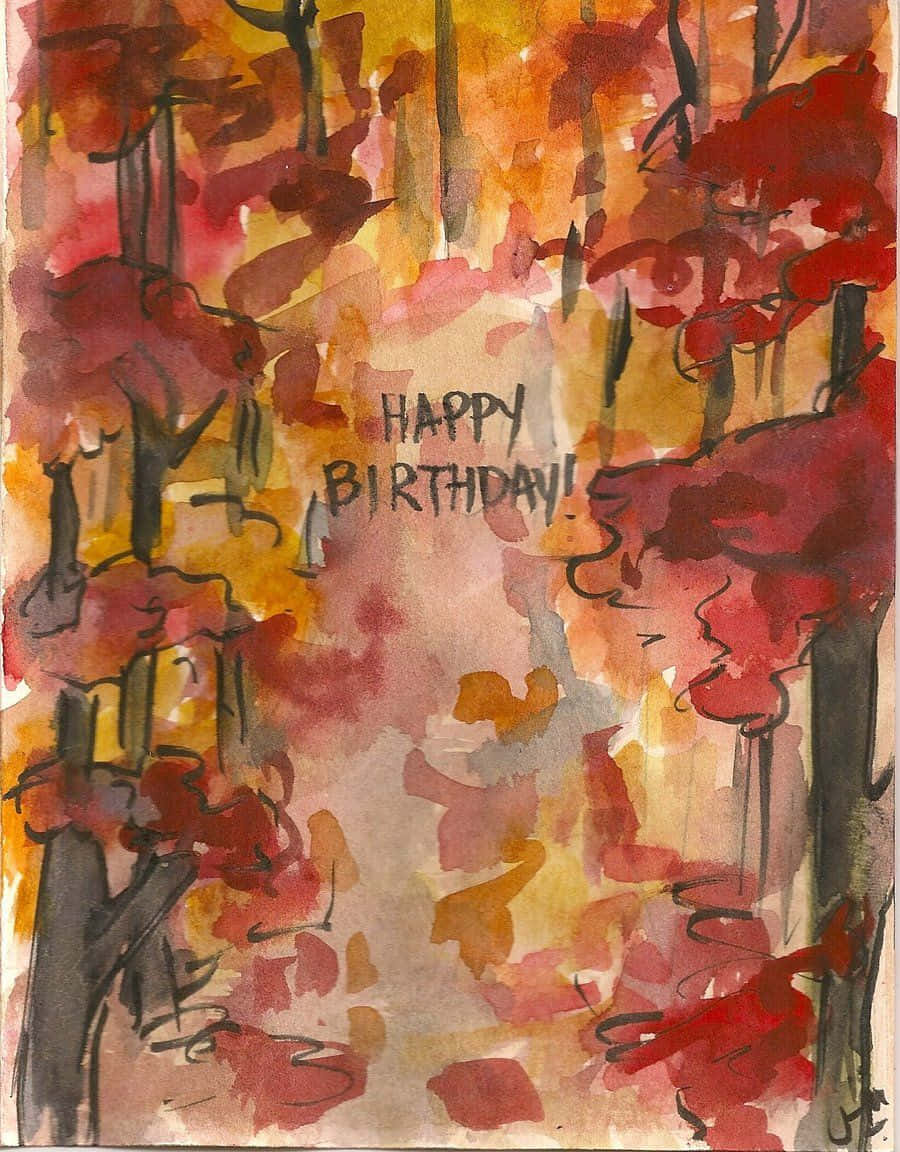 水彩秋日森林配生日祝福語