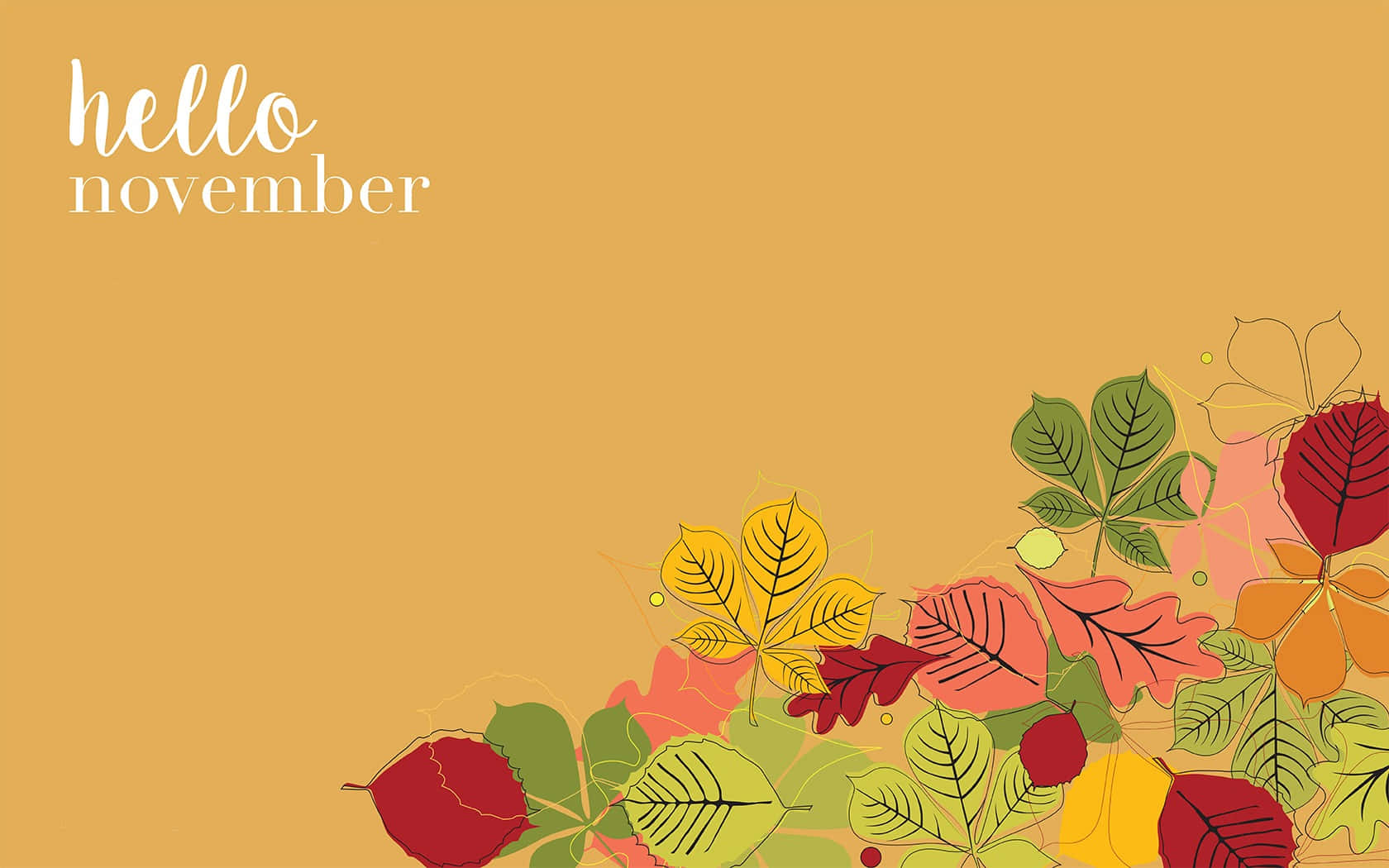 紅、橙、綠色的秋葉裝飾著芥末色背景的右下角，並帶有hello november文字。