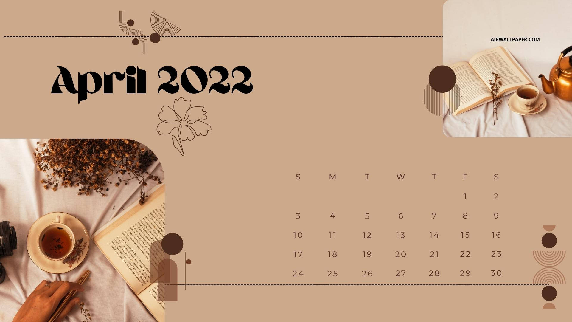 2022年4月日曆，茶、書、相機和乾花，米色背景。