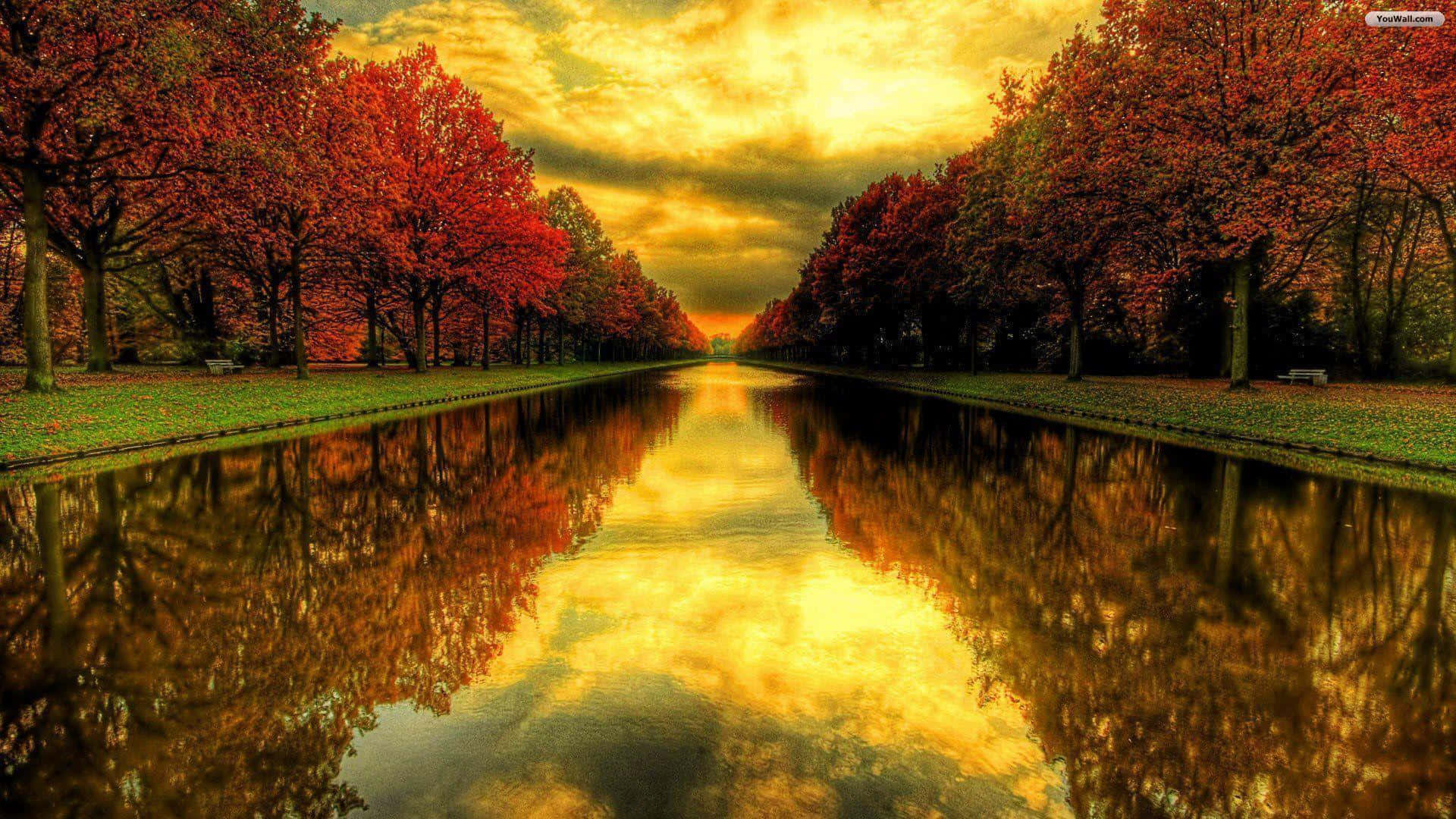 秋樹倒影河畔美景 壁紙 — 一條寧靜的秋季運河兩旁種滿火紅的樹木，在平靜的水面上倒映出金色的日落天空。