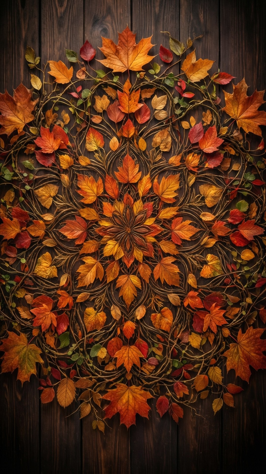 秋葉曼陀羅 壁紙 — 一個由火紅橙、紅和黃色的秋葉對稱排列在深色木板上形成的曼陀羅。