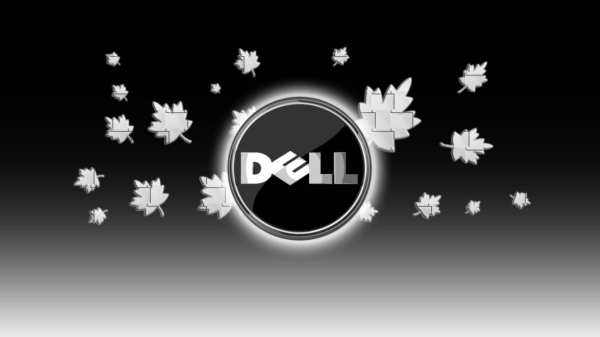 秋葉與Dell HD標誌 壁紙 — 發光的Dell標誌，周圍環繞著漂浮的銀色楓葉，背景為黑到灰漸變。