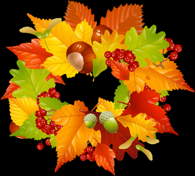 秋葉花環插畫 壁紙 — 鮮豔的秋葉、橡果和紅色漿果在純黑背景上形成色彩繽紛的花環。