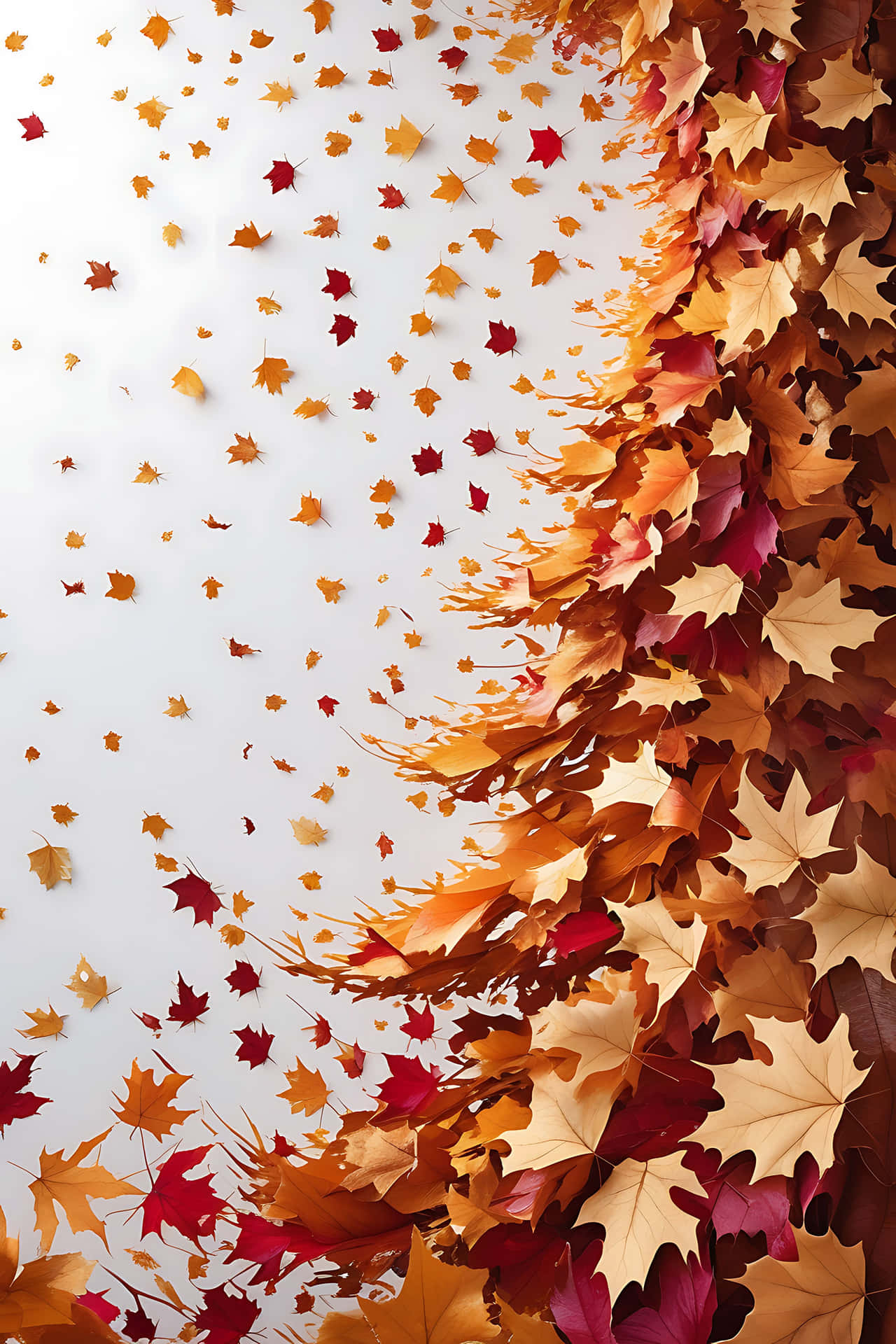 紅色、橙色和金色的秋葉沿白色背景對角線傾瀉而下