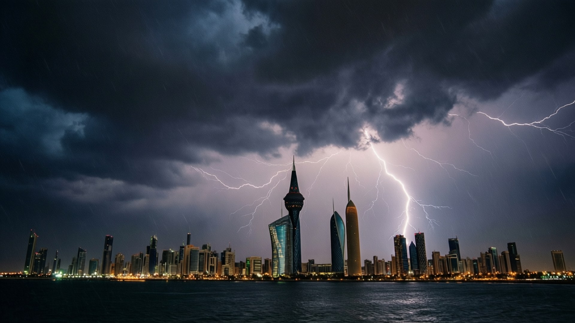科威特暴風雷電 壁紙 — 一場戲劇性的雷暴照亮了夜晚的現代城市天際線，烏雲密佈，雨水落在水面上。