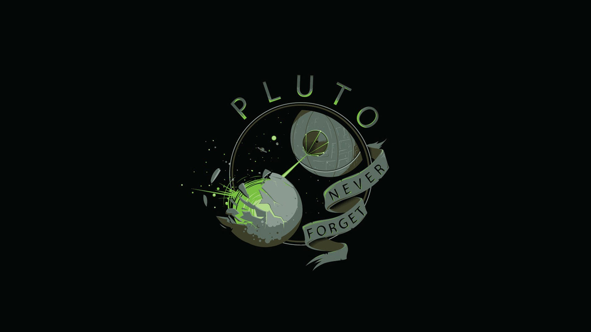 一個深色太空主題標誌，帶有單詞 Pluto 和一個寫著 never forget 的橫幅。