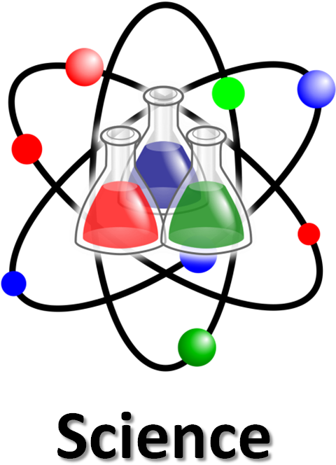 科學原子與燒瓶圖形 壁紙 — 三個玻璃燒瓶裝有紅色、藍色和綠色液體，周圍漂浮著彩色球體，背景為黑色。