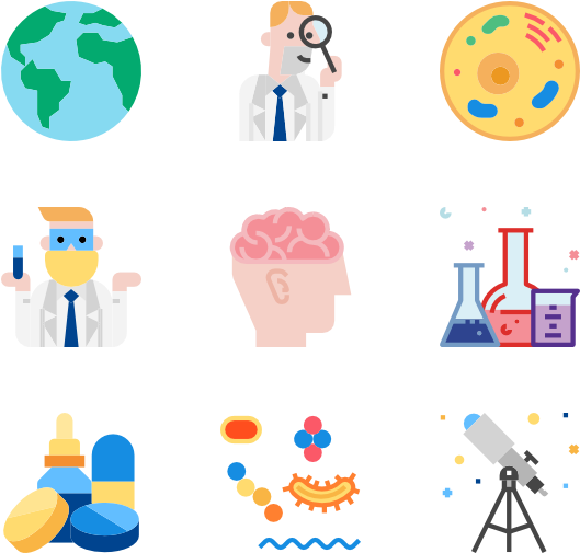 科學圖標集 壁紙 — 扁平圖示描繪科學主題，包括地球儀、顯微鏡、大腦、實驗室設備和望遠鏡，背景為黑色。
