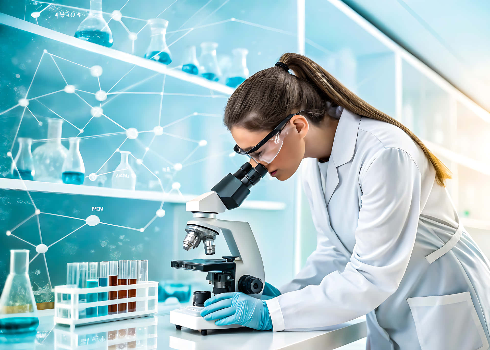 科學家在實驗室用顯微鏡檢查樣本