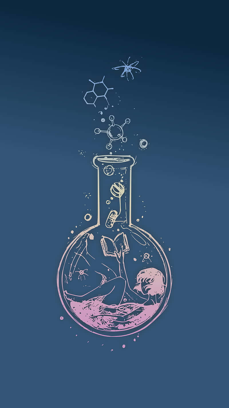 一個人在科學燒瓶內閱讀書籍，周圍有漂浮的分子。