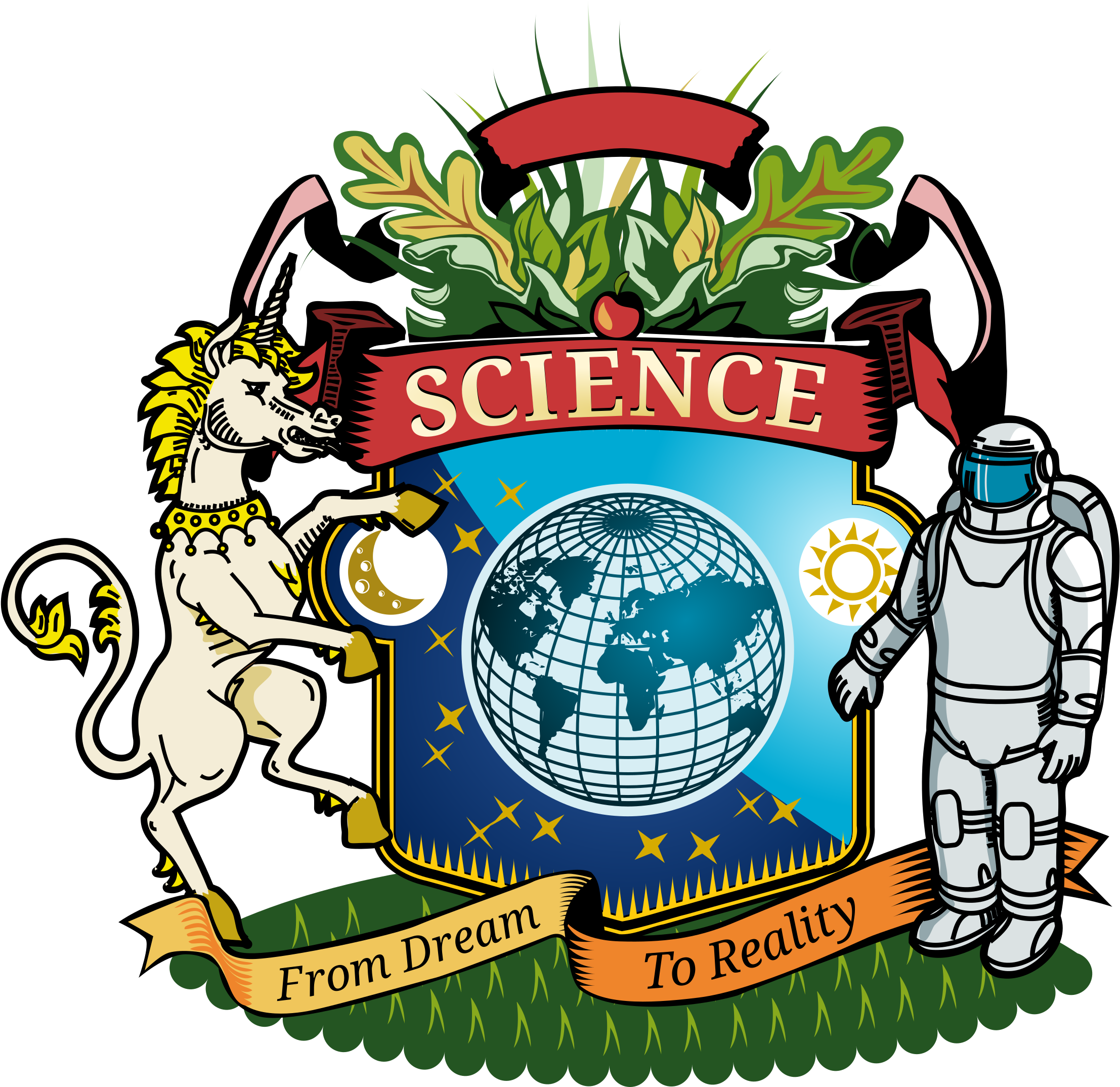 科學徽章：從夢想到現實 壁紙 — 一個充滿活力的插圖徽章，獨角獸和太空人環繞地球，帶有「SCIENCE」橫幅和格言「From Dream To Reality」。