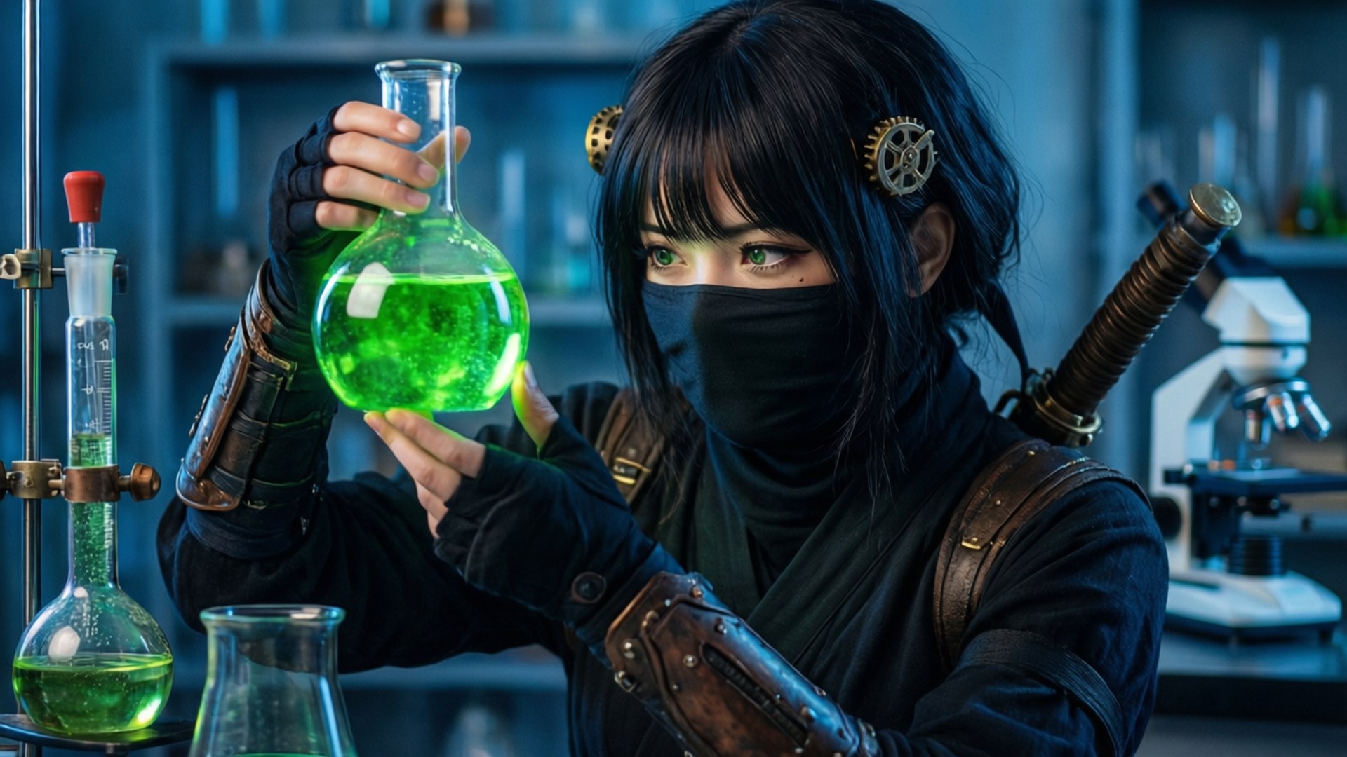 科學忍者實驗 壁紙 — 一位戴著面具的動漫風格科學家在實驗室裡拿著發光的綠色藥水，身穿蒸氣龐克裝備。