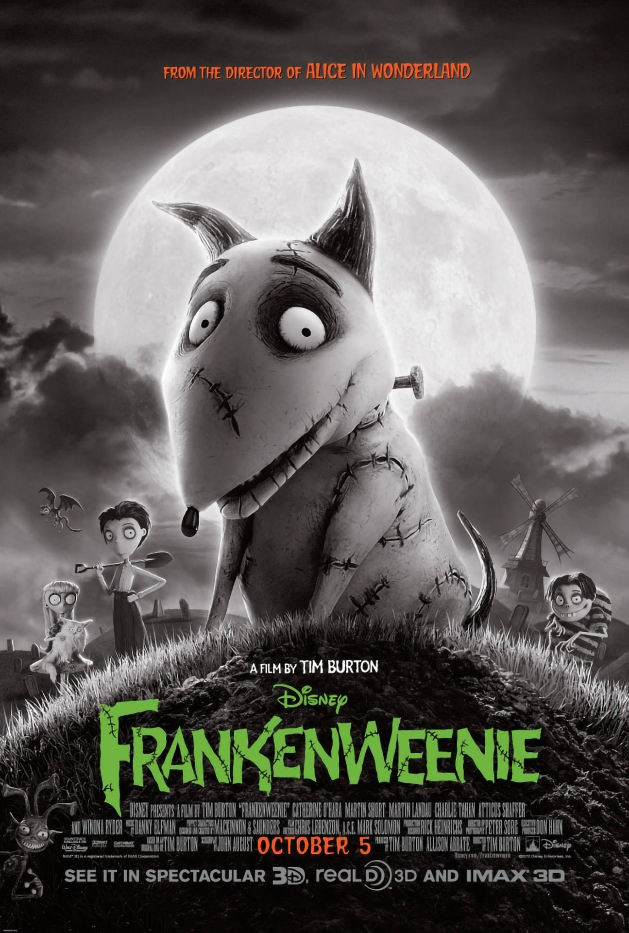 Frankenweenie 電影海報，展示一隻被縫合嘅狗喺滿月下。