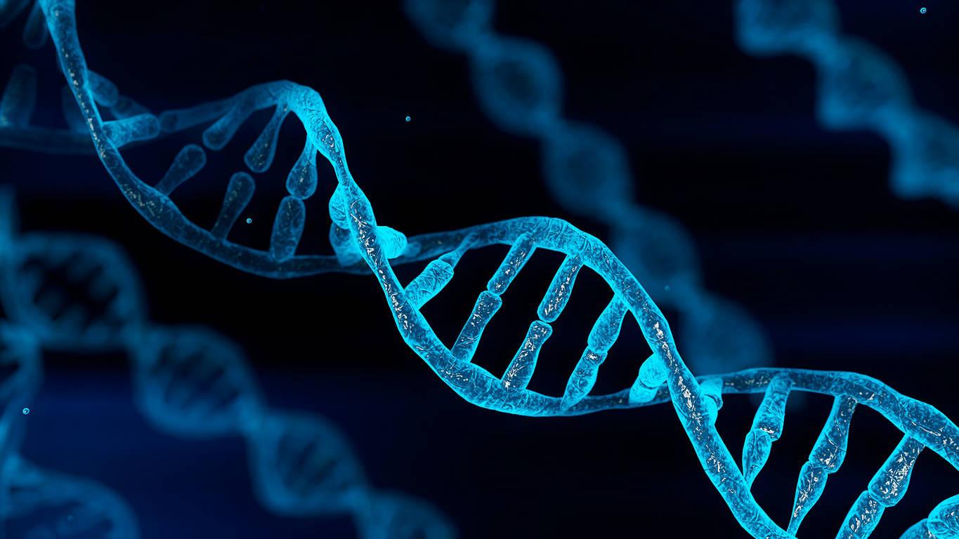 在黑暗科學環境中的發光藍色DNA鏈。