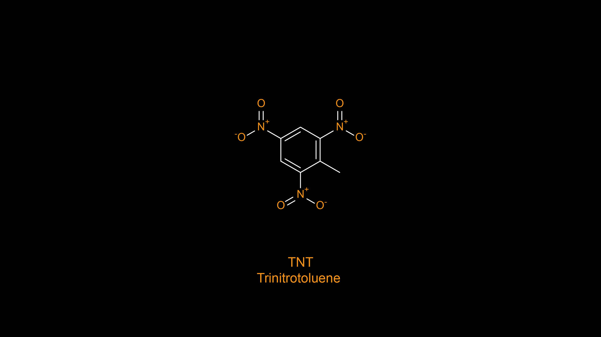 黑色背景上帶有文字標籤的橙色TNT化學圖。