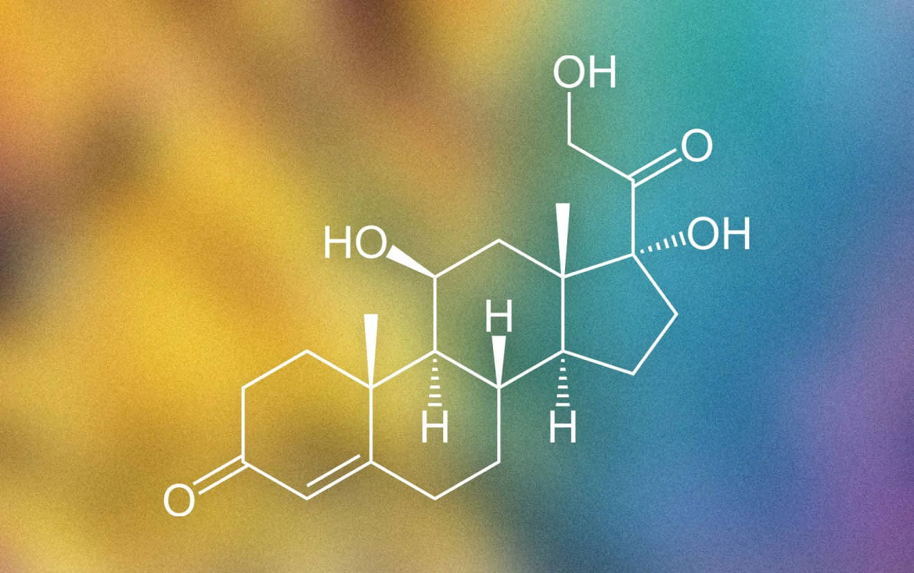 彩色漸變背景上的皮質醇分子化學圖
