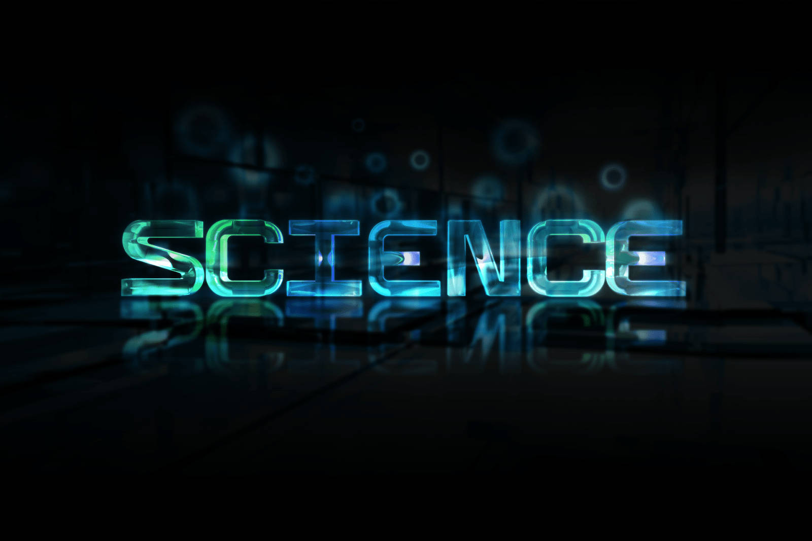 喺黑暗反光表面上，帶有浮動球體嘅發光藍色霓虹文字，寫住 science。
