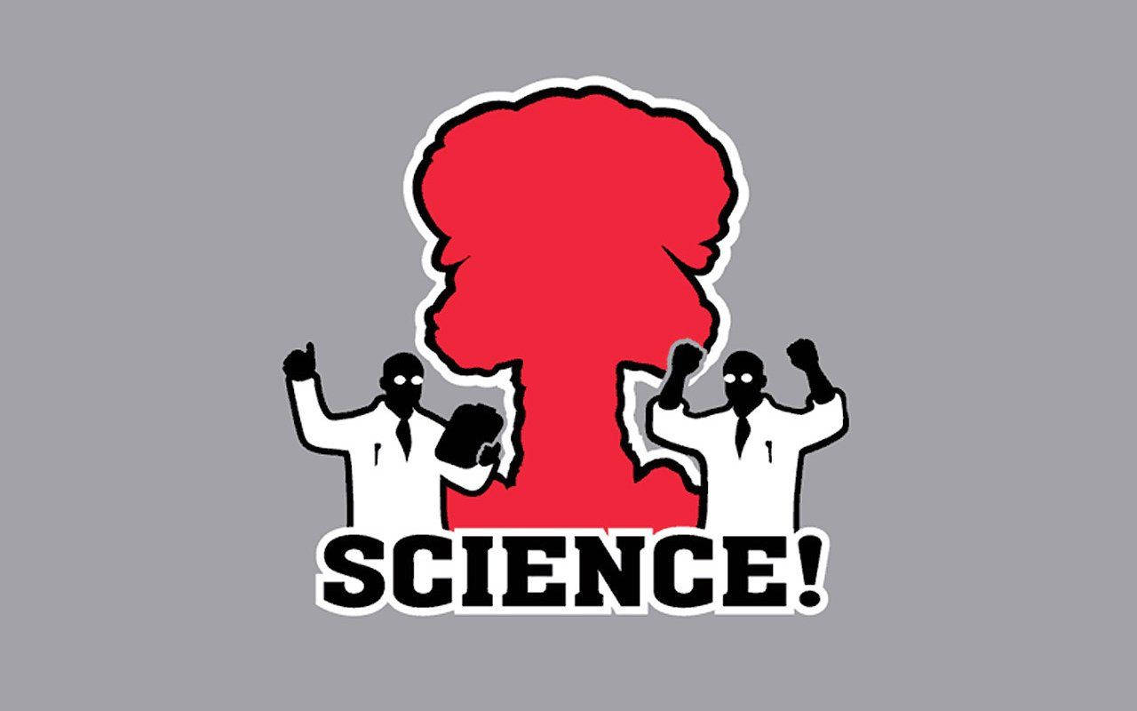 「科學的力量」 壁紙 — 兩位風格化的科學家身穿白袍，愉快地慶祝紅色原子爆炸，下方有「SCIENCE!」字樣。