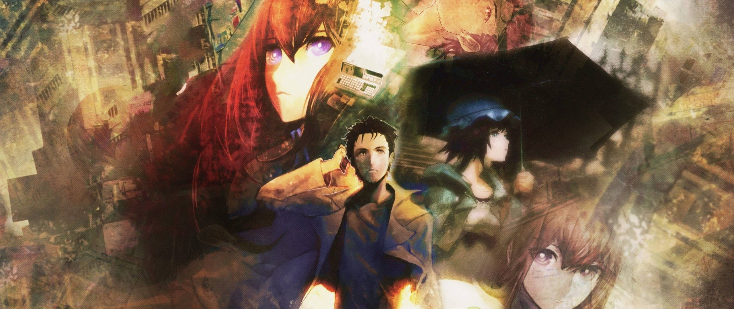 《科學超電磁砲》粉絲的悠閒日常 壁紙 — 一張戲劇性的動漫拼貼畫，多個角色表情強烈，背景是混亂的城市景觀。
